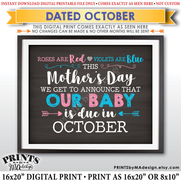 Mother's Day Pregnancy Announcement Roses are Red Violets Blue Our Baby is Due in OCTOBER Dated PRINTABLE Chalkboard Style Reveal Sign <Instant Download> - PRINTSbyMAdesign
