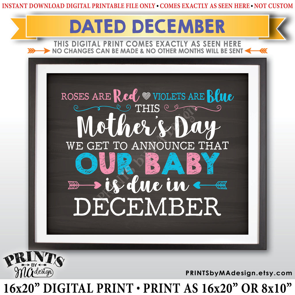 Mother's Day Pregnancy Announcement Roses are Red Violets Blue Our Baby is Due in DECEMBER Dated PRINTABLE Chalkboard Style Reveal Sign <Instant Download> - PRINTSbyMAdesign