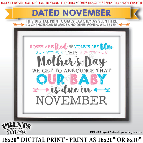 Mother's Day Pregnancy Announcement Sign, Roses are Red Violets Blue Our Baby is Due in NOVEMBER Dated PRINTABLE Baby Reveal Sign <Instant Download> - PRINTSbyMAdesign