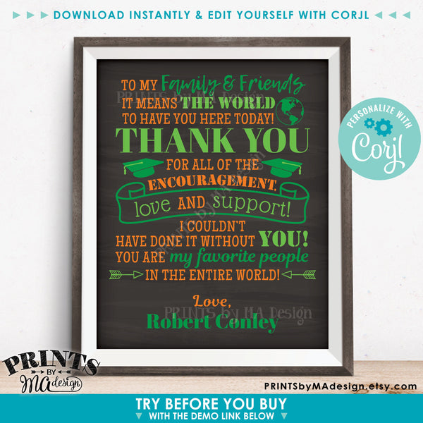 Graduation Party Thank You Sign, Thanks from the Graduate Poster, Editable PRINTABLE Chalkboard Style Grad Decoration (Edit Yourself with Corjl) - PRINTSbyMAdesign